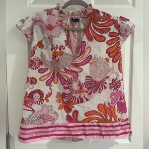 La Plage Ruthie Ruffle Pink & Orange Paisley Floral Southern Lightweight Top M